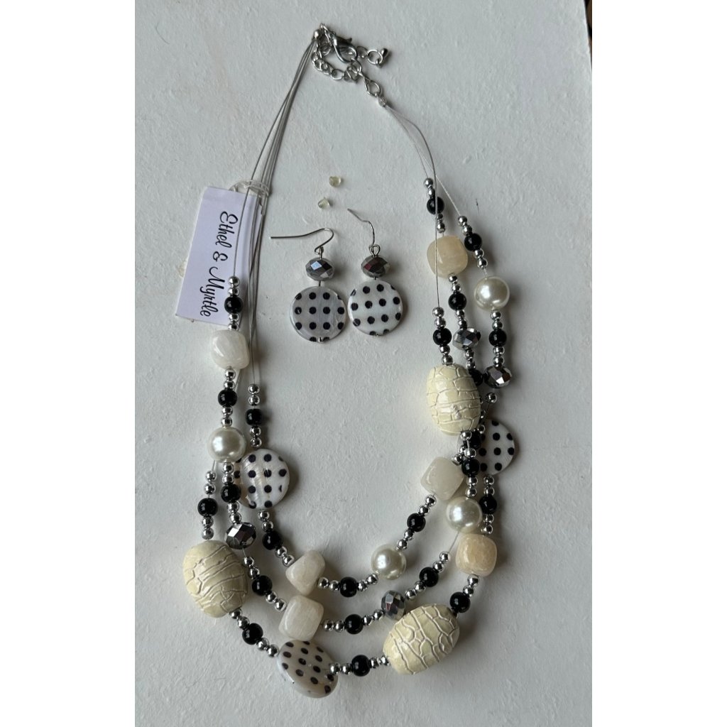 Ethel & Myrtle Black White Silver Polka Dot Earring & Necklace Jewelry Set (New)